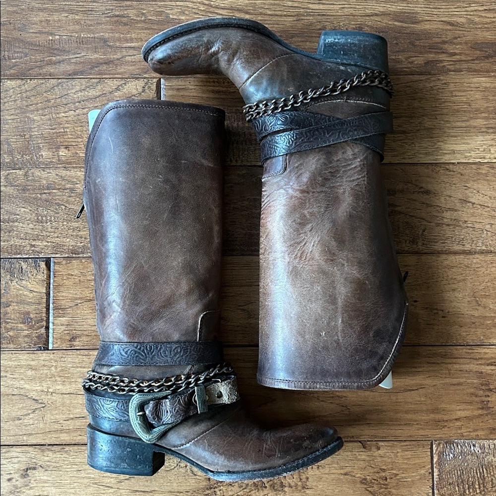 Freebird by Steven Brown Leather Mid-Calf Heeled Boots with Chain Accent